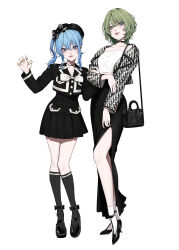 Rule 34 | 2girls, aegyo sal, bag, beret, black choker, black nails, black skirt, black socks, blue eyes, blue hair, bow, camisole, choker, collarbone, crossover, eyelashes, green eyes, green hair, hair between eyes, hand on another&#039;s arm, hat, heterochromia, high heels, highres, hololive, hoshimachi suisei, idolmaster, idolmaster cinderella girls, idolmaster cinderella girls starlight stage, jacket, jewelry, kneehighs, long bangs, long hair, long skirt, long sleeves, looking at viewer, maou (demonlord), mary janes, miniskirt, mole, mole under eye, multiple girls, open clothes, open jacket, pink lips, pleated skirt, pocket, ring, shoes, short hair, side ponytail, side slit, sidelocks, simple background, skirt, smile, socks, takagaki kaede, virtual youtuber, white bow, white camisole, white socks, yellow nails