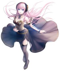 Rule 34 | 1girl, aqua eyes, artist name, belt, bracelet, copyright notice, dress, full body, headphones, highres, ixima, jewelry, long hair, looking at viewer, megurine luka, megurine luka (vocaloid4), official art, pink hair, simple background, skirt, solo, thighhighs, v4x, vocaloid, white background