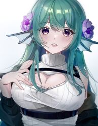Rule 34 | 1girl, alternate breast size, bare shoulders, belt, breasts, cleavage, cleavage cutout, clenched teeth, clothing cutout, finana ryugu, fins, fish girl, flower, framed breasts, green hair, hair between eyes, hair flower, hair ornament, hand on own chest, head fins, heart cutout, highres, jacket, kano3, large breasts, long hair, looking at viewer, nijisanji, nijisanji en, open clothes, open jacket, parted lips, purple eyes, purple flower, ribbed sweater, simple background, sleeveless, sleeveless sweater, sleeveless turtleneck, solo, sweater, swept bangs, teeth, turtleneck, turtleneck sweater, upper body, virtual youtuber, white sweater
