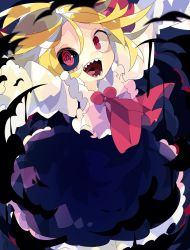 Rule 34 | 1girl, @ @, ascot, asymmetrical eyes, black background, black dress, blonde hair, commentary request, darkness, dress, feet out of frame, frilled dress, frilled shirt collar, frills, hair ribbon, highres, long sleeves, looking at viewer, mismatched sclera, nikorashi-ka, one-hour drawing challenge, open mouth, puffy long sleeves, puffy sleeves, red ascot, red eyes, red ribbon, red tie, ribbon, rumia, sharp teeth, shirt, short hair, solo, teeth, touhou, white shirt