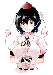 Rule 34 | 1girl, black hair, black ribbon, breasts, camera, collared shirt, deetamu, frilled skirt, frills, hat, highres, large breasts, pointy ears, pom pom (clothes), red eyes, ribbon, shameimaru aya, shirt, simple background, skirt, solo, tokin hat, touhou, white background, white shirt