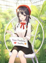Rule 34 | 1girl, ;d, artist name, bare legs, beret, black hair, black skirt, bow, bowtie, brown eyes, chair, collared shirt, commentary, day, garden, greenhouse, hat, highres, holding, horns, indoors, long hair, long sleeves, looking at viewer, notebook, one eye closed, open mouth, original, pencil, plant, red bow, red bowtie, red hat, shirt, sidelocks, sitting, skirt, smile, solo, soyubee, suspenders, white shirt