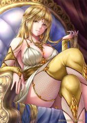 Rule 34 | 1girl, armchair, armrest, artist name, bad id, bad pixiv id, bare shoulders, between breasts, blonde hair, breasts, bridal gauntlets, chair, circlet, commentary request, crossed legs, earrings, gem, holding, holding own hair, indoors, jewelry, large breasts, lioreo, long hair, looking at viewer, necklace, original, parted lips, sitting, solo, thighhighs, very long hair, yellow eyes, yellow thighhighs