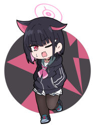 Rule 34 | 1girl, animal ears, black hair, black jacket, blue archive, blue footwear, brown pantyhose, chibi, drawstring, grey sailor collar, hair ornament, hairclip, halo, hands in pockets, hood, hood down, hooded jacket, jacket, kazusa (blue archive), multicolored hair, nyaru (nyaru 4126), one eye closed, open mouth, pantyhose, pink hair, pleated skirt, red eyes, round image, sailor collar, school uniform, serafuku, shoes, skirt, solo, standing, standing on one leg, sweat, two-tone hair, wavy mouth, white background, white skirt
