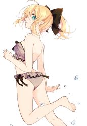 Rule 34 | 1girl, ahoge, artoria pendragon (all), artoria pendragon (fate), back bow, bare arms, bare legs, bare shoulders, barefoot, bikini, black ribbon, blonde hair, bow, closed mouth, fate/unlimited codes, fate (series), floating hair, frilled bikini, frills, green eyes, grey bikini, hair between eyes, hair bow, highres, long hair, looking at viewer, looking to the side, maru (pixiv51714255), ponytail, profile, ribbon, saber lily, side-tie bikini bottom, simple background, smile, soles, solo, strapless, strapless bikini, swimsuit, white background