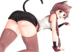 Rule 34 | 10s, 1girl, all fours, animal ears, ass, bare shoulders, blush, braid, breasts, cat ears, cat tail, fingerless gloves, from behind, front braid, gloves, hai to gensou no grimgar, long hair, looking at viewer, miyazumi, open mouth, paw pose, red eyes, red hair, shiny clothes, shiny skin, short shorts, shorts, sideboob, simple background, single braid, smile, solo, tail, thighhighs, vest, white background, yume (grimgar)