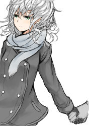 Rule 34 | 1girl, azure luna, coat, cover, cover page, gloves, green eyes, holding hands, looking away, messy hair, original, scarf, short hair, simple background, solo focus, white background, white hair, winter clothes