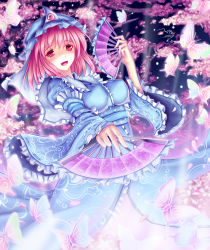 Rule 34 | 1girl, bad id, bad pixiv id, blush, breasts, bug, butterfly, cherry blossoms, dual wielding, female focus, folding fan, frills, gradient background, hand fan, hat, holding, insect, open mouth, pink hair, saigyouji yuyuko, short hair, solo, touhou, triangular headpiece, walzrj