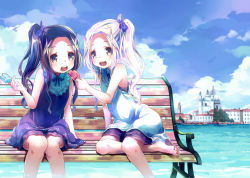 Rule 34 | 2girls, 54hao, :d, bench, blue sky, bow, building, cityscape, cloud, cloudy sky, commentary request, day, dress, feeding, fingernails, food, forehead, hair bow, hair ornament, highres, holding, holding food, long hair, multiple girls, on bench, open mouth, original, outdoors, park bench, parted bangs, popsicle, purple bow, purple dress, purple eyes, purple hair, purple shorts, round teeth, sandals, short shorts, shorts, siblings, side ponytail, sisters, sitting, sky, sleeveless, sleeveless dress, smile, teeth, twins, upper teeth only, very long hair, water, white dress, white hair, x hair ornament