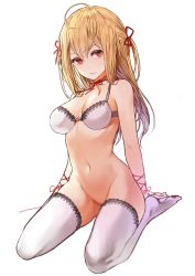 Rule 34 | 1girl, ahoge, bad id, bad pixiv id, bare shoulders, blonde hair, bottomless, bra, breasts, cleavage, commentary request, hair ribbon, highres, kim eb, lace, lace-trimmed bra, lace-trimmed legwear, lace trim, long hair, looking at viewer, navel, neck ribbon, no panties, original, ribbon, seiza, simple background, sitting, smile, solo, thighhighs, two side up, underwear, white background, white bra, white thighhighs, wrist ribbon, yellow eyes