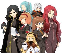 Rule 34 | 6+girls, ahoge, angela (project moon), armband, armor, asymmetrical hair, binah (project moon), black armor, black bow, black bowtie, black cape, black dress, black eyes, black hair, black hairband, black jacket, black pants, blonde hair, blue eyes, blue hair, blunt bangs, bodysuit, bomitto (zundaffy), bow, bowtie, brown capelet, brown hair, brown skirt, buttons, cape, capelet, carmen (project moon), child, cigarette, cleavage cutout, closed eyes, closed mouth, clothing cutout, coat, collared dress, collared jacket, collared shirt, dress, frilled sleeves, frills, frown, fur trim, gebura (project moon), gradient hair, green eyes, green shirt, hair bow, hair ornament, hair scrunchie, hairband, hand on own hip, heart, heart hair ornament, heterochromia, highres, hod (project moon), holding, holding notepad, holding pen, jacket, lab coat, lobotomy corporation, long hair, long sleeves, malkuth (project moon), multicolored hair, multiple girls, multiple scars, myo (project moon), necktie, notepad, one side up, open clothes, open jacket, open mouth, orange eyes, orange hair, orange necktie, orange trim, own hands together, pants, pen, pocket, project moon, puffy long sleeves, puffy sleeves, red bodysuit, red eyes, red hair, red hairband, red jacket, red necktie, scar, scar on face, scrunchie, shirt, short hair, side ponytail, skirt, smile, smoking, tiphereth a (project moon), v, v-shaped eyebrows, very long hair, white background, white coat, white hair, white shirt, yellow eyes, yellow trim, zipper, zipper pull tab