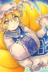 Rule 34 | 1girl, animal ears, blonde hair, blue tabard, dress, fox ears, fox tail, hands in opposite sleeves, hat, highres, long sleeves, maa (forsythia1729), mob cap, multiple tails, smile, solo, tabard, tail, touhou, white dress, white hat, wide sleeves, yakumo ran, yellow eyes