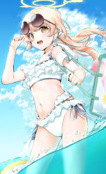 Rule 34 | 1girl, absurdres, bag, bare shoulders, bikini, blonde hair, blue archive, blue sky, brown eyes, cloud, cloudy sky, collarbone, commentary request, day, eyewear on head, frilled bikini, frills, halo, hand up, hifumi (blue archive), hifumi (swimsuit) (blue archive), highres, long hair, looking at viewer, low twintails, navel, open mouth, outdoors, ribbon-trimmed bikini, round eyewear, sky, solo, standing, sunglasses, suzuharu toufu, swimsuit, teeth, twintails, upper teeth only, very long hair, water, white bikini