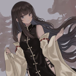 Rule 34 | 1girl, bare shoulders, black dress, black hair, breasts, commentary request, detached sleeves, dress, grey eyes, hands up, highres, hinomaru (futagun), long hair, long sleeves, looking at viewer, original, parted lips, sleeveless, sleeveless dress, sleeves past wrists, small breasts, smile, solo, very long hair, white sleeves, wide sleeves