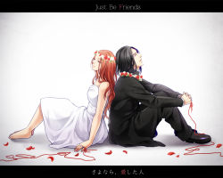 Rule 34 | 1boy, 1girl, bare shoulders, barefoot, black footwear, black hair, black pants, closed eyes, closed mouth, coat, dress, eyelashes, flower, flower necklace, from side, full body, harry potter (series), head wreath, hetero, interlocked fingers, jewelry, jin akhr, just be friends (vocaloid), leaning on person, letterboxed, lily evans, long hair, long sleeves, necklace, own hands together, pants, parody, petals, red flower, red hair, ring, severus snape, shadow, shoes, sitting, smile, song name, string, string of fate, time paradox, vocaloid, wedding band, white background, white dress, white flower, wizarding world
