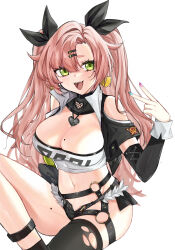 Rule 34 | 1girl, :d, bare shoulders, black jacket, black ribbon, black shorts, black thighhighs, blue nails, breasts, cleavage, clothing cutout, commentary, green eyes, hair ornament, hair ribbon, hairclip, highres, jacket, large breasts, long hair, micro shorts, midriff, mole, mole on breast, mole on thigh, nail polish, naonaoko, navel, nicole demara, open clothes, open jacket, open mouth, pink hair, pink nails, ribbon, shorts, shoulder cutout, simple background, single thighhigh, smile, solo, stomach, strapless, symbol-only commentary, thighhighs, thighs, tube top, two side up, very long hair, white background, zenless zone zero