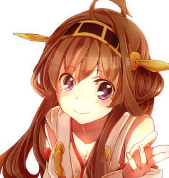 Rule 34 | 10s, 1girl, bad id, bad pixiv id, bare shoulders, blush, breasts, brown hair, detached sleeves, double bun, hair bun, hair ornament, hairband, headgear, ichirugi, japanese clothes, kantai collection, kongou (kancolle), long hair, nontraditional miko, personification, purple eyes, small breasts, solo