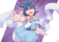 Rule 34 | 1girl, :d, absurdres, blue dress, blue eyes, blue hair, cowboy shot, dress, emphasis lines, foreshortening, hagoromo, hair ornament, hair rings, hair stick, highres, kaku seiga, looking at viewer, open mouth, shawl, smile, solo, touhou, v-shaped eyebrows, vest, white vest, zanasta0810
