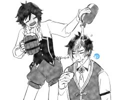 Rule 34 | 2boys, :d, beer mug, blush, bottle, braid, closed eyes, commentary, corset, cup, drunk, full-face blush, genshin impact, ginnssno, greyscale, highres, holding, holding bottle, holding cup, long hair, long sleeves, low ponytail, male focus, monochrome, mug, multiple boys, necktie, open mouth, pouring, puffy shorts, shirt, shorts, side braids, sitting, smile, symbol-only commentary, twin braids, twintails, venti (genshin impact), vest, wet, wet hair, zhongli (genshin impact)