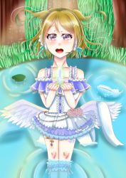Rule 34 | 1girl, artist name, artist request, bare shoulders, blush, breasts, brown eyes, brown hair, cleavage, collarbone, dress, feathered wings, feet, female focus, forest, grey dress, hair between eyes, hair ornament, hairpin, happy, headdress, heart, holding hands, jewelry, koizumi hanayo, layered dress, love live!, love live! school idol festival, love live! school idol project, medium breasts, microphone, nature, ocean, parted lips, purple eyes, ribbon, see-through, short dress, short hair, sleeveless, sleeveless dress, smile, solo, tattoo, twintails, uraranetto, white wings, wings, x hair ornament