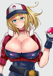 Rule 34 | 10s, 1girl, absurdres, alternate color, baseball cap, belt, black gloves, blonde hair, blue eyes, blush, breasts, choker, cleavage, collarbone, creatures (company), cropped jacket, female protagonist (pokemon go), fingerless gloves, game freak, gloves, hat, highres, holding, huge breasts, large breasts, long hair, looking at viewer, nintendo, parted lips, poke ball, poke ball (basic), pokemon, pokemon go, ponytail, sankakusui, shiny skin, simple background, smile, solo