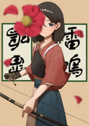Rule 34 | 1girl, absurdres, archery, blue eyes, blue hakama, blurry, blurry foreground, bow (weapon), brown background, calligraphy, closed mouth, commentary, commentary request, cowboy shot, english commentary, expressionless, falling petals, flower, flower over eye, flower request, from side, gloves, hair behind ear, hakama, half-closed eyes, highres, holding, holding bow (weapon), holding weapon, japanese clothes, kimono, kyuudou, looking at viewer, looking to the side, mani mani (vocaloid), medium hair, mixed-language commentary, muneate, namae kunn, one eye covered, partially fingerless gloves, partly fingerless gloves, petals, red flower, red kimono, solo, tasuki, translation request, weapon, yugake, yumi (bow)