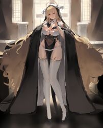 Rule 34 | 1girl, absurdres, altar, arch, azur lane, bare shoulders, black footwear, black gloves, blonde hair, breasts, church, cleavage, cross, fake horns, gloves, habit, hair between eyes, highres, horns, huge breasts, implacable (azur lane), indoors, large breasts, long hair, looking at viewer, lump saury, nun, pelvic curtain, pillar, red eyes, revealing clothes, solo, thighhighs, tongue, tongue out, veil, very long hair, white horns, white thighhighs, window