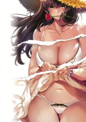 Rule 34 | 1girl, absurdres, blush, bra, bracelet, breasts, brown hair, cleavage, clothes lift, collarbone, cowboy shot, dress, dress lift, flower, flower in mouth, gluteal fold, hat, highres, huge breasts, huge filesize, jewelry, lips, long hair, looking at viewer, marushin (denwa0214), mouth hold, navel, panties, rose, sidelocks, solo, straw hat, sun hat, underwear, white bra, white panties, wide hips, yellow eyes