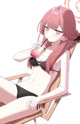 Rule 34 | 1girl, aru (blue archive), bare arms, bare shoulders, bikini, billbung, black bikini, blue archive, blunt bangs, blush, breasts, chair, cleavage, collarbone, cup, drinking glass, drinking straw, folding chair, halo, holding, holding cup, horns, ice, ice cube, long hair, looking at viewer, navel, orange eyes, parted lips, pink hair, simple background, sitting, small breasts, solo, stomach, sweat, swimsuit, white background