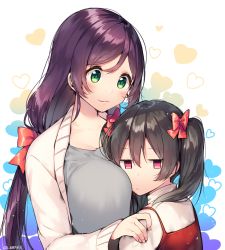 Rule 34 | 10s, 2girls, :3, aqua eyes, between breasts, black hair, blush, bow, breast envy, breasts, cardigan, hair bow, hand on another&#039;s shoulder, head between breasts, heart, height difference, hug, itohana, jitome, large breasts, long hair, long sleeves, love live!, love live! school idol project, low twintails, multiple girls, pink bow, purple hair, red eyes, tojo nozomi, twintails, twitter username, upper body, yazawa nico, yuri