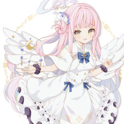 Rule 34 | 1girl, :d, absurdres, angel wings, blue archive, blush, capelet, dress, flower, frilled dress, frills, hair bun, hair flower, hair ornament, halo, highres, long dress, long hair, looking to the side, low wings, mika (blue archive), open mouth, pink hair, pink halo, saekiya sabou, side up bun, simple background, single side bun, sleeveless, sleeveless dress, smile, solo, very long hair, white background, white capelet, white dress, wings, yellow eyes