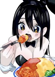 Rule 34 | 1girl, animal ears, bare shoulders, black bow, black bowtie, black hair, black leotard, blue eyes, bow, bowtie, breasts, buttoned cuffs, cleavage, commentary, detached collar, eating, fake animal ears, food, hair between eyes, hand up, highres, holding, holding spoon, leotard, long hair, looking at viewer, medium breasts, omelet, omurice, open mouth, original, playboy bunny, rabbit ears, simple background, solo, spoon, strapless, strapless leotard, symbol-only commentary, traditional bowtie, upper body, urokogaran, white background, wrist cuffs