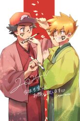 Rule 34 | 2024, 2boys, blonde hair, blue oak, brown eyes, closed mouth, coat, commentary request, creatures (company), eye contact, facepaint, game freak, green coat, green kimono, grin, hand on headwear, hat, highres, holding, holding paintbrush, japanese clothes, kimono, looking at another, male focus, multiple boys, nintendo, nyoripoke, open clothes, open coat, paintbrush, pink coat, pokemon, pokemon sm, red (pokemon), red headwear, red kimono, sash, short hair, smile, spiked hair, teeth, translation request, twitter username