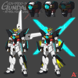 Rule 34 | after war gundam x, beam rifle, blue eyes, clenched hand, energy gun, glowing, glowing wings, grey background, gundam, gundam double x, highres, kevinayama, mecha, mechanical wings, multiple views, no humans, redesign, robot, v-fin, weapon, wings