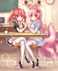 Rule 34 | 2girls, :d, absurdres, animal ears, apron, bad id, bad pixiv id, cake, cake slice, chalkboard, clock, commission, cup, dress, fang, flower, food, fox ears, fox tail, frilled dress, frills, full body, hair flower, hair ornament, holding hands, highres, honyang, indoors, crossed legs, long hair, menu board, monitor, mug, multiple girls, multiple tails, open mouth, original, pink hair, plant, plate, pointy ears, potted plant, puffy short sleeves, puffy sleeves, red eyes, red hair, restaurant, shelf, short hair, short sleeves, short twintails, sitting, smile, sparkle, stool, table, tail, thighhighs, twintails, white legwear, zettai ryouiki