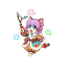 Rule 34 | 1girl, :3, animal ears, barefoot, blue eyes, bow, brown coat, brown pants, cat ears, cat girl, cat tail, charm (object), chibi, coat, fang, fish charm, full body, fur coat, furry, furry female, ghost, hair between eyes, hairband, holding, holding wand, jewelry, long sleeves, looking at viewer, magatama, magatama necklace, magic, medium bangs, necklace, official art, open mouth, pants, pouch, purple hair, ragnarok online, red bow, red hairband, short hair, simple background, smile, solo, spirit handler (ragnarok online), standing, tachi-e, tail, tail bow, tail ornament, transparent background, walking, wand, yuichirou