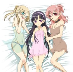 Rule 34 | 10s, 3girls, bed, black hair, blonde hair, blue eyes, blue panties, bow, breasts, cleavage, collar, collarbone, eyebrows, from above, glasses, hair bow, hair ribbon, inu x boku ss, lingerie, long hair, looking at viewer, lying, medium breasts, multiple girls, navel, negligee, on back, open mouth, panties, pink hair, purple eyes, purple ribbon, red eyes, ribbon, roromiya karuta, rumia (compacthuman), see-through, shirakiin ririchiyo, twintails, underwear