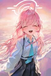 Rule 34 | 1girl, absurdres, ahoge, beach, black skirt, blue archive, blue necktie, blush, closed eyes, collared shirt, facing viewer, halo, highres, hoshino (blue archive), long hair, long sleeves, necktie, ocean, open mouth, outdoors, pink hair, pink halo, pleated skirt, shirt, skirt, sleeves past fingers, sleeves past wrists, smile, solo, white shirt, xi xeong