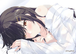 Rule 34 | 1girl, alternate costume, bare shoulders, black hair, brown eyes, commentary request, hair ornament, hairclip, haruna (kancolle), kantai collection, long hair, looking at viewer, lying, mikage takashi, naked shirt, open clothes, open shirt, shirt, smile, solo, twitter username, white shirt