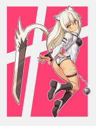 Rule 34 | 1girl, animal ears, ball and chain (weapon), black socks, blue eyes, body markings, cat ears, cat girl, cat tail, closed mouth, commentary, cougar (cougar1404), cropped jacket, cut cat, from side, full body, heterochromia, jacket, jumping, light frown, long hair, long sleeves, looking at viewer, looking back, no pants, outline, panties, red background, ribbed socks, shirt, shoes, silui (cougar1404), socks, solo, sword, tail, tan, thigh strap, tiger stripes, underwear, weapon, white footwear, white hair, white jacket, white outline, white panties, white shirt, yellow eyes