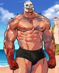 Rule 34 | 2boys, abs, bara, bare pectorals, beach, biceps, black male swimwear, black swim briefs, blood, blood on face, clenched hands, cloud, cloudy sky, day, dead by daylight, dopey (dopq), highres, large pectorals, looking at viewer, male focus, male swimwear, mask, multiple boys, muscular, muscular male, navel, nipples, ocean, pectorals, sand, scar, scar on arm, scar on chest, scar on face, skull, skull mask, sky, smirk, spikes, swim briefs, swim trunks, swimsuit, the trapper (dead by daylight), the trickster (dead by daylight), thick arms, topless male, veins, veiny arms, yellow eyes, yellow male swimwear, yellow swim trunks
