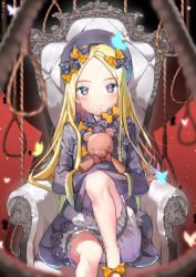 Rule 34 | 1girl, abigail williams (fate), armchair, bad id, bad pixiv id, black bow, black dress, black hat, blonde hair, bloomers, blue eyes, bow, bug, butterfly, chair, closed mouth, commentary request, dress, fate/grand order, fate (series), forehead, h shai, hair bow, hat, head tilt, hugging object, insect, keyhole, leg up, long hair, long sleeves, looking at viewer, noose, orange bow, parted bangs, polka dot, polka dot bow, red bow, rope, signature, sitting, sleeves past fingers, sleeves past wrists, solo, stuffed animal, stuffed toy, teddy bear, underwear, very long hair, white bloomers