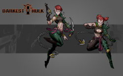 Rule 34 | 2girls, abs, breasts, chain, cleavage, dark eldar, elf, english text, gloves, highres, knife, large breasts, medium breasts, multiple girls, muscular, muscular female, pointy ears, red hair, rmulderz, sharp teeth, shaved head, short twintails, shoulder spikes, spikes, teeth, toned, twintails, warhammer 40k, whip