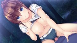 Rule 34 | 1boy, 1girl, asami asami, bag, belt, belt buckle, blue eyes, bra, bra lift, breasts, brown hair, buckle, censored, closed mouth, clothes lift, collarbone, forest, game cg, girl on top, grey shorts, hair between eyes, head tilt, large breasts, lifting own clothes, long hair, looking at viewer, mosaic censoring, natural vacation, nature, navel, night, nipples, outdoors, penis, ponytail, print shirt, sarashina yuzuki, shirt, shirt lift, short shorts, shorts, smile, solo focus, star (symbol), star print, underwear, white belt, white bra, white shirt