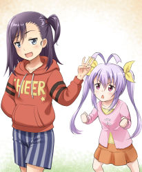 Rule 34 | 2girls, :d, antenna hair, blue shorts, blush, bow, child, grey eyes, hair bow, hand in pocket, hand up, hood, hood down, hoodie, long hair, malcorond, miniskirt, miyauchi hikage, miyauchi renge, multiple girls, non non biyori, one side up, open mouth, orange skirt, pink shirt, pleated skirt, purple hair, red hoodie, shirt, shorts, siblings, sisters, skirt, smile, smug, standing, striped clothes, striped shorts, triangle mouth, twintails, yellow bow, yellow shirt