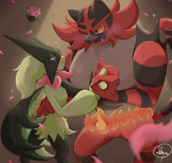 Rule 34 | animal hands, animal nose, blush, creatures (company), dancing, feet out of frame, fire, furry, game freak, gen 7 pokemon, green fur, green hair, highres, holding hands, incineroar, looking at another, meowscarada, nintendo, pokemon, pokemon (creature), red eyes, shepamaru, smile, two-tone fur