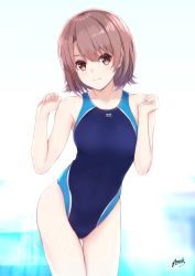 Rule 34 | 1girl, absurdres, bare arms, bare shoulders, bee doushi, blue one-piece swimsuit, blurry, blurry background, blush, breasts, brown eyes, brown hair, collarbone, competition swimsuit, cowboy shot, depth of field, hair between eyes, hands up, head tilt, highres, leaning forward, looking at viewer, medium breasts, one-piece swimsuit, original, parted lips, short hair, signature, smile, solo, stopwatch, swimsuit, thighs, watch
