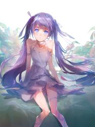 Rule 34 | 1girl, bad id, bad twitter id, bare shoulders, blue eyes, closed mouth, copyright request, dress, enu 0426, feet out of frame, highres, knees together feet apart, long hair, looking at viewer, purple dress, purple hair, sitting, skinny, sleeveless, sleeveless dress, solo, twintails, very long hair