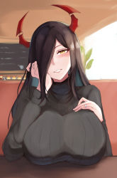 Rule 34 | 13otsu, 1girl, absurdres, azur lane, black hair, black sweater, breast rest, breasts, cupcake, food, friedrich der grosse (azur lane), hair over one eye, highres, horns, indoors, jewelry, large breasts, long hair, mature female, mechanical horns, red horns, ribbed sweater, ring, smile, sweater, turtleneck, turtleneck sweater, yellow eyes