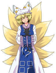 Rule 34 | 1girl, :3, animal hat, blonde hair, cat, chen, chen (cat), earrings, female focus, fox tail, hat, hiromasa, jewelry, kitsune, kyuubi, long sleeves, mob cap, multiple tails, short hair, solo, tail, tassel, touhou, white background, wide sleeves, yakumo ran